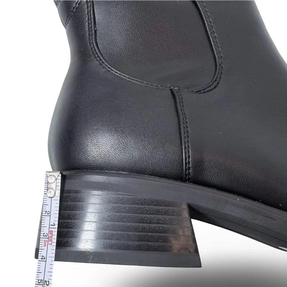 QIY Black PU Knee High Square Toe Block Heel Slouchy Boots Womens 9.5 New